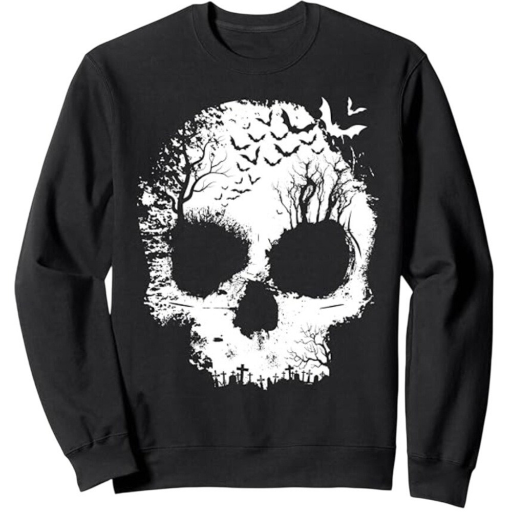 SHEIN Skull Bat Tree‎ Graphic Black Long Sleeve Sweatshirt XS NWOT